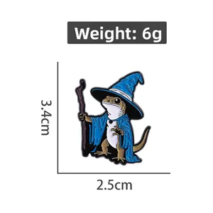 Detail showing cartoon lizard wizard enamel brooch dimensions 3.4cm by 2.5cm