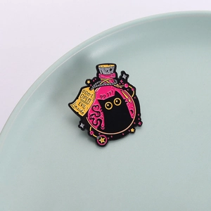 Cartoon black cat magic bottle enamel brooch in pink zinc alloy with unique design