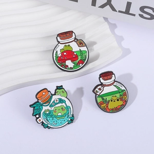 Three-piece set of creative drift bottle enamel pins with cartoon frogs and mushrooms