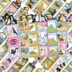 Close-up of assorted cartoon dog bookmarks featuring husky and golden retriever illustrations