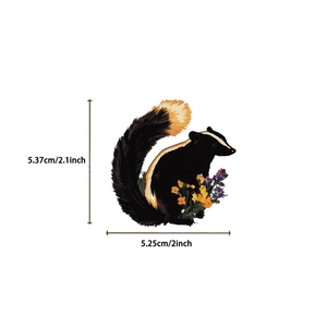 Detail showing dimensions of skunk and flower waterproof PET sticker at 2.1 x 2 inches