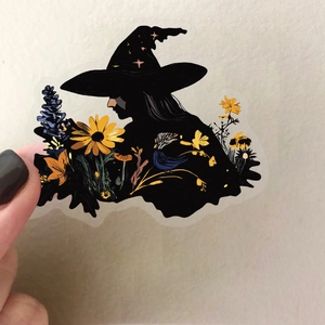 50pcs transparent waterproof PET stickers featuring artistic witch silhouette and floral patterns