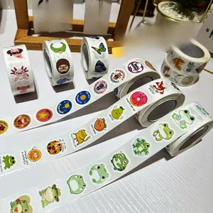 Close-up of assorted cartoon animal stickers on rolls with fun motivational English puns