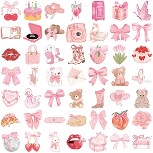 Collectie roze stickers voor meisjes met schattige strikjes, aardbeien en teddyberen