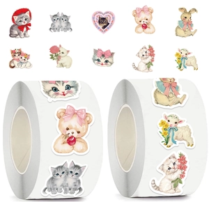 Detail view of vintage aesthetic animal sticker roll with cute bear and rabbit patterns