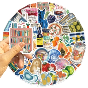 Detail of waterproof Mediterranean aesthetic stickers for DIY laptops and luggage