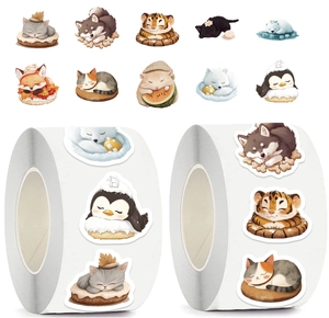 Detail showing various sleeping baby animals stickers with cute watercolor hand-drawn style