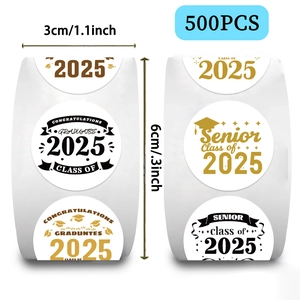 500pcs Senior Class of 2025 graduation stickers roll with gold and black doctoral cap designs