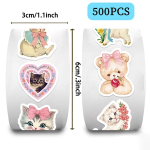 500pcs roll of 1.1-inch aesthetic cartoon animal stickers with pink teddy bears and cats