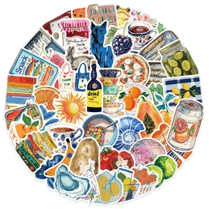 Detailed view of hand-drawn watercolor aesthetic stickers for scrapbooks and laptops