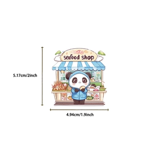 Close-up of a cartoon panda sticker at a seafood shop for laptop and guitar decor