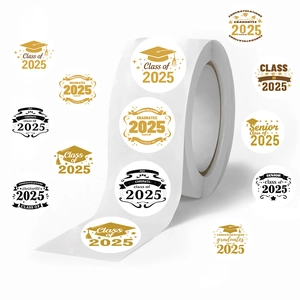 500pcs roll of 2025 graduation stickers with gold and black Class of 2025 designs