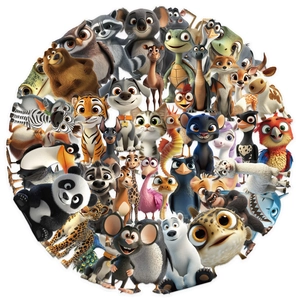 Detailed 3D cartoon animal PET stickers showing cute panda, tiger and giraffe designs