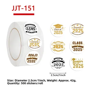 Close-up of Class of 2025 graduation stickers, 1-inch round gold and black seals