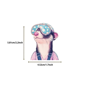 Detail view of a ferret sticker with pink polka dot outfit and blue goggles