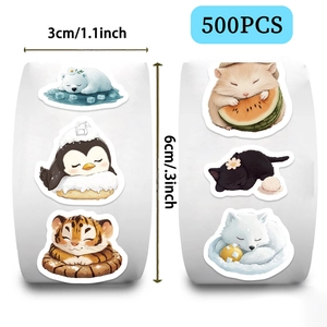 500pcs roll of 3cm round stickers featuring 6 cute sleeping animal illustration patterns