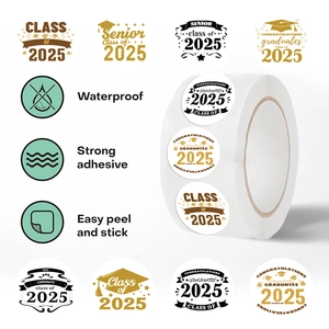 Roll of 500 gold and black Class of 2025 graduation stickers for envelopes and gifts