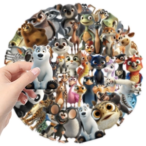 Close-up showing a hand picking a 3D cartoon animal PET sticker from the colorful set