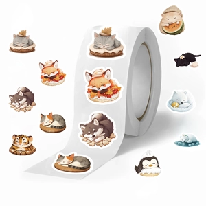 500-count roll of sleeping animal stickers featuring cute foxes, cats, and polar bears