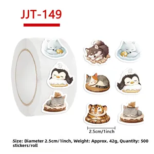 Detail showing 2.5cm cute sleeping animal stickers on a roll for gift sealing