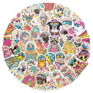 50 mixed pop art animal stickers featuring colorful polka dot suits and biker helmets