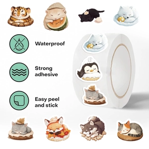 500pcs roll of cute waterproof sleeping animal stickers for scrapbooking and sealing