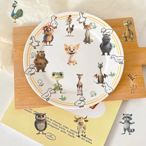 Round ceramic plate with 3D cartoon animal patterns on a rustic wooden background
