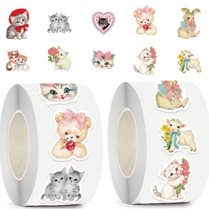 Roll of 500 aesthetic cartoon bear and cat stickers for scrapbooking and envelopes