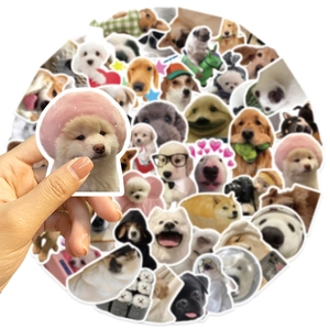 Detail of waterproof dog meme stickers showing Samoyed with beret and multiple dog breeds