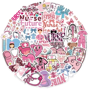 Detailed view of pink nurse stickers featuring stethoscopes and cartoon bear graphics