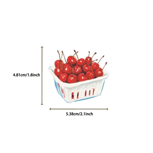 Detailed size specifications for watercolor cherry basket stickers, 5.38cm by 4.81cm