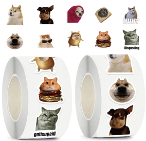 Macro detail of cat meme roll stickers featuring funny internet humor and cute patterns