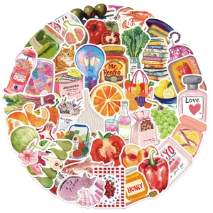 Detail of assorted watercolor aesthetic stickers featuring fruits and animals on white