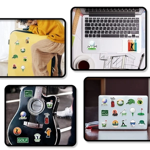 Adesivi per golf impermeabili applicati su chitarra, valigia e superficie laptop