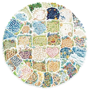Detailed collection of colorful cartoon maze puzzle stickers with diverse themes for DIY