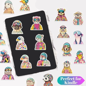 50 pieces of colorful pop art animal stickers on a Kindle with waterproof vinyl finish