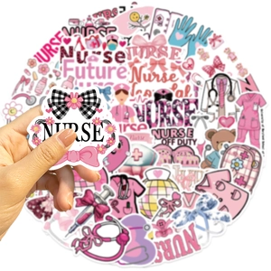 Close-up of pink nurse stickers with bow and stethoscope designs for DIY decor