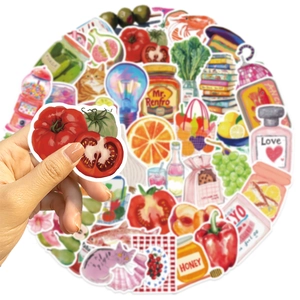 Detailed view of hand-drawn Mediterranean aesthetic stickers featuring fruits and cat