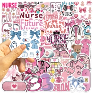 Detail showing pink nurse theme stickers featuring stethoscopes and teddy bears for laptops