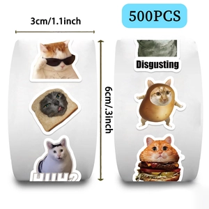 Close-up of funny meme cat stickers roll with 3cm width labels for scrapbooking decor