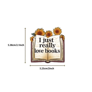Dimensiones de una pegatina de libro con girasol y cita sobre el amor por la lectura de libros