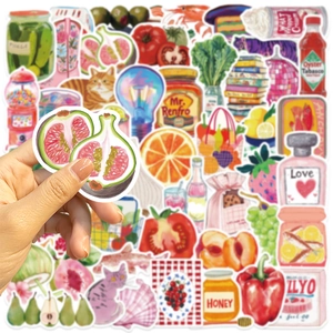 Detailed view of Mediterranean aesthetic waterproof stickers with fruits and home items