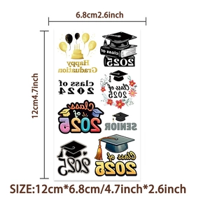 Detail showing cartoon graduation temporary tattoos with size 12cm by 6.8cm measurements