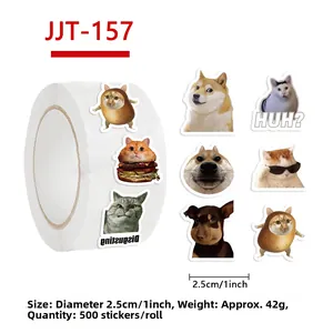 Detail of funny cat and dog meme stickers roll for scrapbooking and envelopes
