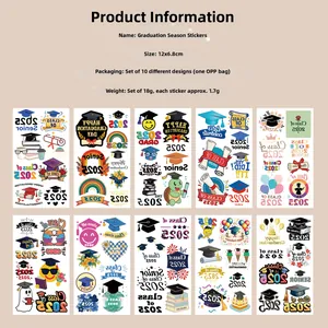 Set of 10 waterproof graduation tattoos with Class of 2025 designs measuring 12x6.8cm