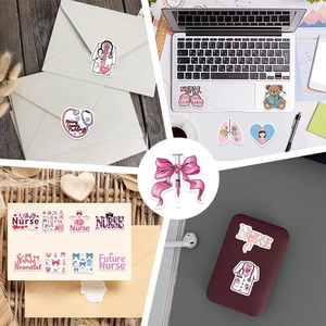Pink nurse theme waterproof stickers shown on laptop and notebook for DIY decoration
