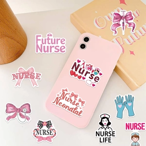 Pink nurse life stickers with bows and stethoscope shown decorating a phone case
