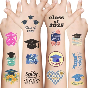 Waterproof Class of 2025 graduation temporary tattoos with colorful motifs on arms