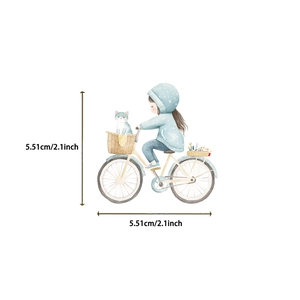 Detail of cartoon girl riding bicycle sticker with 2.1 inch size measurement guide