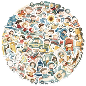 Detail view of colorful watercolor transport and character stickers with die-cut edges